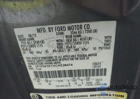 2012 Ford F-150 Fx4 from USA, damaged, VIN 1FTFW1ETXCKE28474